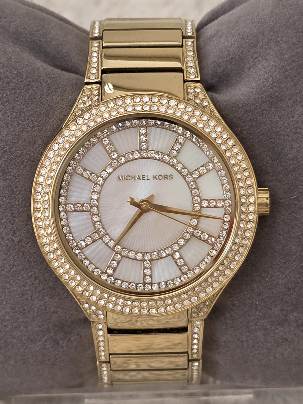 Michael Kors Gold Tone Crystal Pave Mother of Pearl MK Bracelet Watch